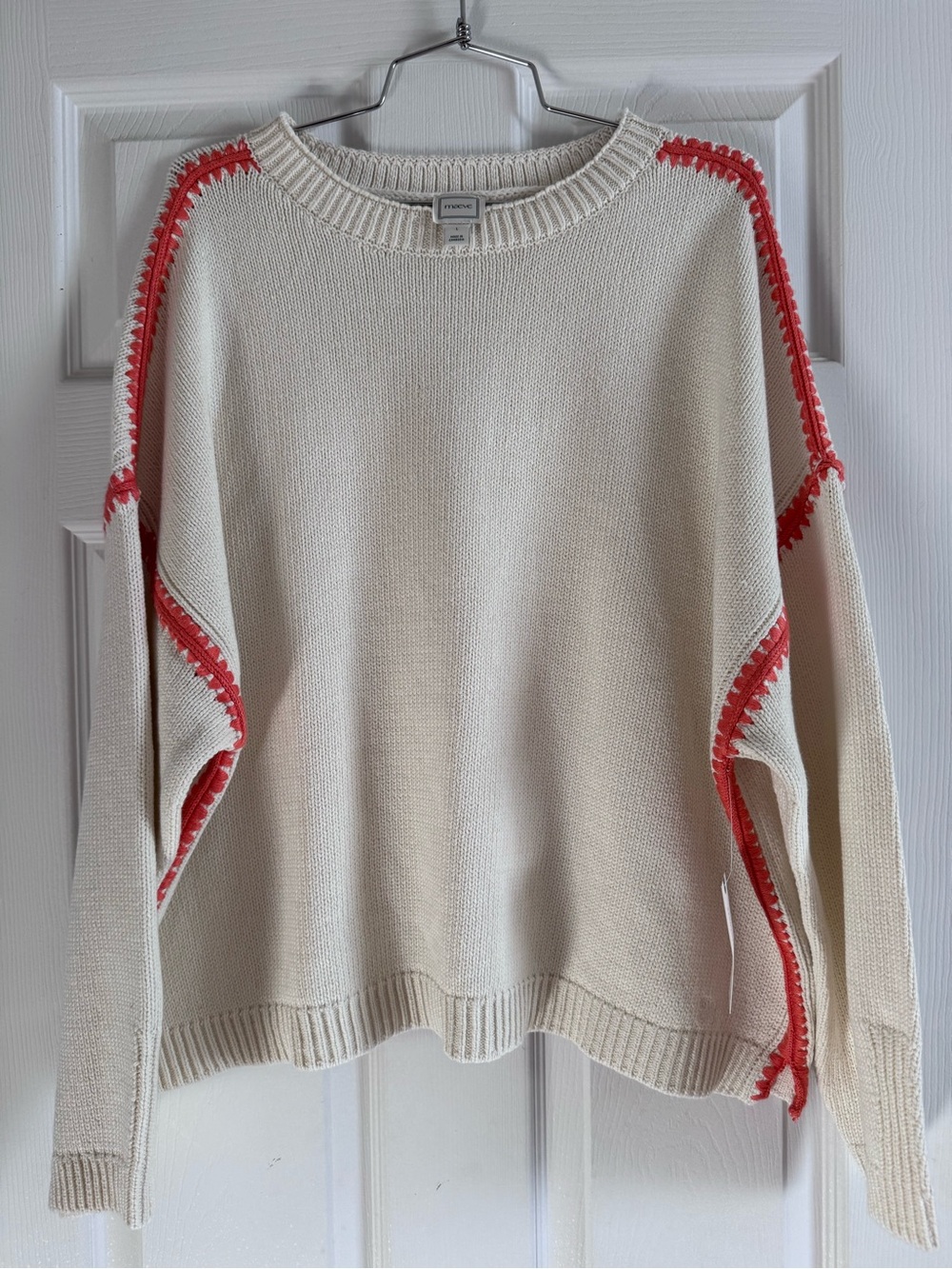 Maeve Cream Crewneck Sweater with Coral Stitching
